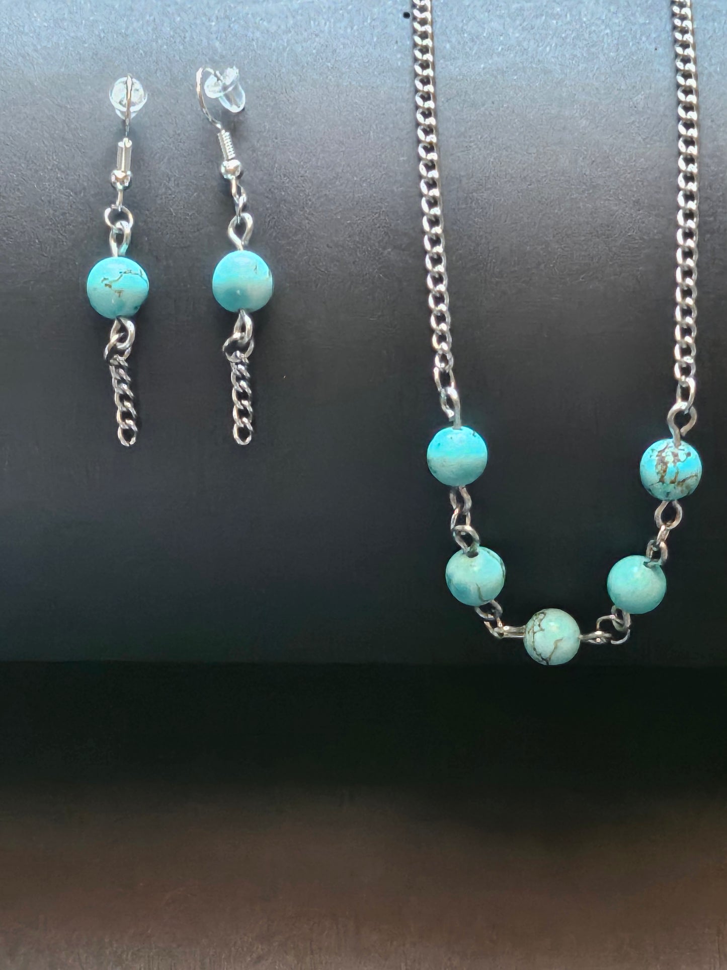 Necklace and earrings set stainless steel and genuine turquoise.