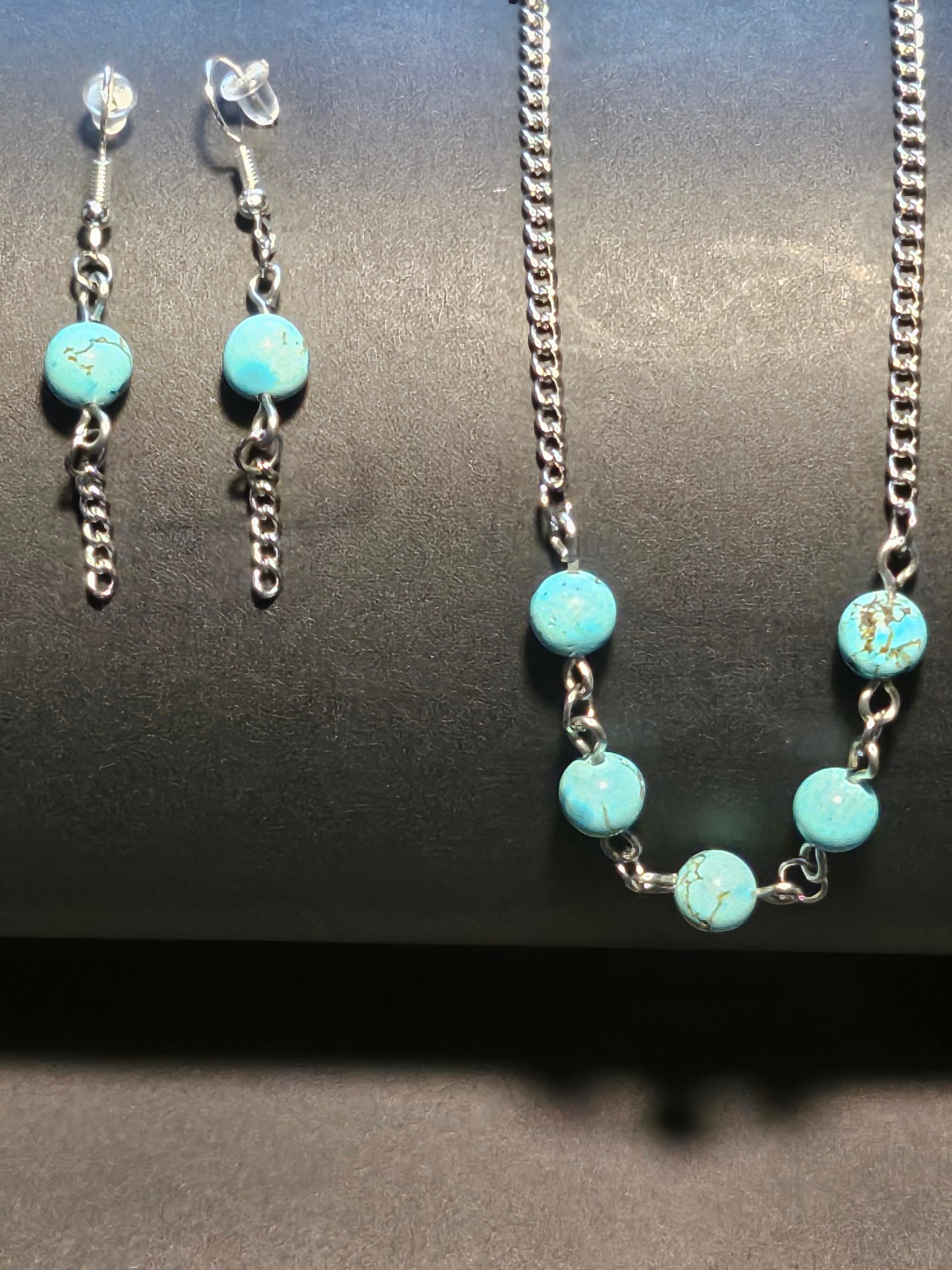 Necklace and earrings set stainless steel and genuine turquoise.